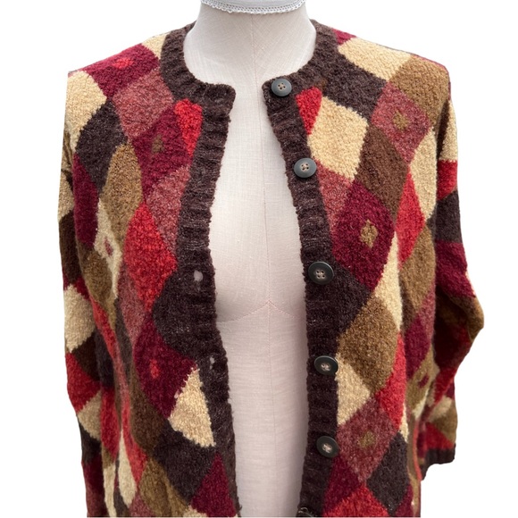 Vintage Talbots Argyle Boucle Knit Red & Tan Button Up Cardigan Sweater - Picture 5 of 11
